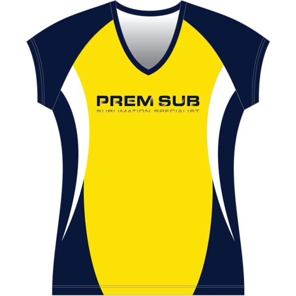 A yellow and navy hockey jersey raglan playing top featuring a logo on the front.