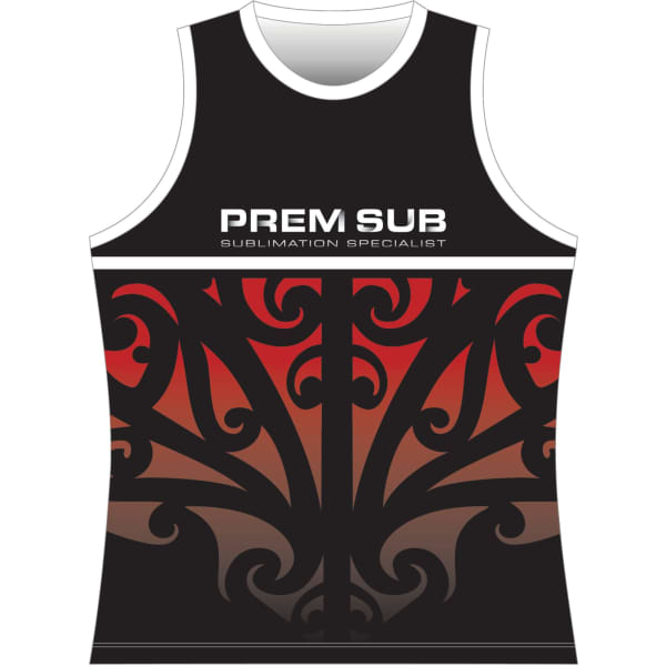 A black hockey singlet racerback featuring a red and grey tribal pattern, with a logo on the front.