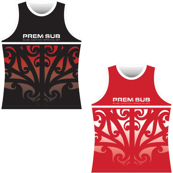 A reversible hockey singlet featuring a black design with intricate patterns on one side and a red design on the other, with a logo.