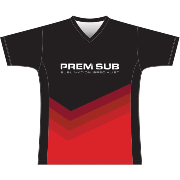 A black and red hockey jersey featuring a v-neck and a logo on the front, designed for sports uniforms.