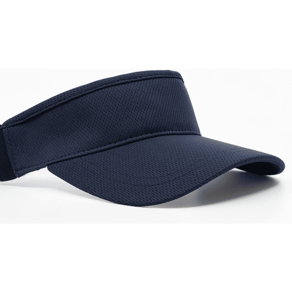 A navy blue elastic visor with a wide brim and a textured band, featuring a logo on the side.