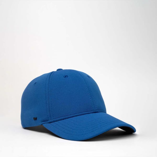 A blue recycled ottoman cap with a curved peak and a logo on the side.