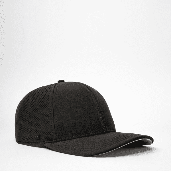 A black sports cap with a structured front and mesh side panels, featuring a small logo.