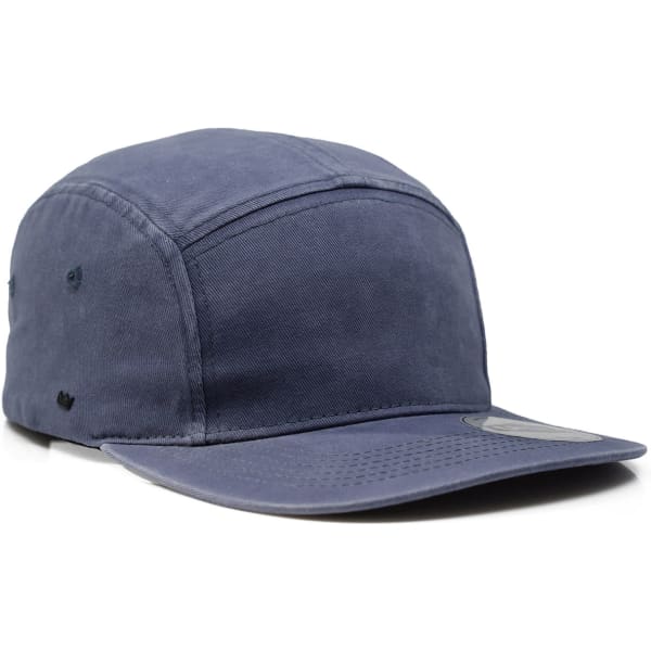 A navy blue washed cotton 5-panel cap featuring a structured design and a logo on the front.