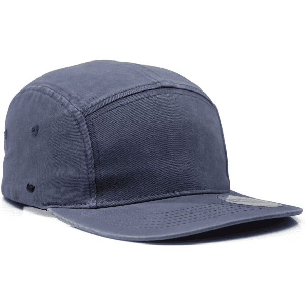 A navy washed cotton 5 panel cap with a structured design and a small logo on the front.