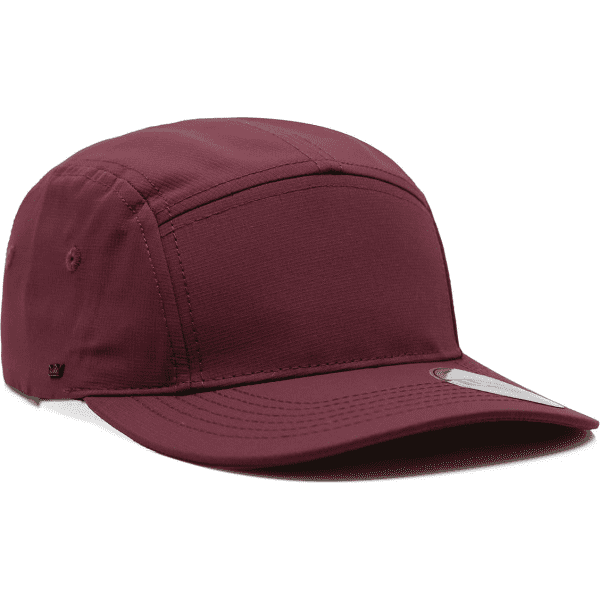 A maroon Ripstop 5 Panel Cap with a curved brim, featuring a logo on the side. Ideal for casual wear.