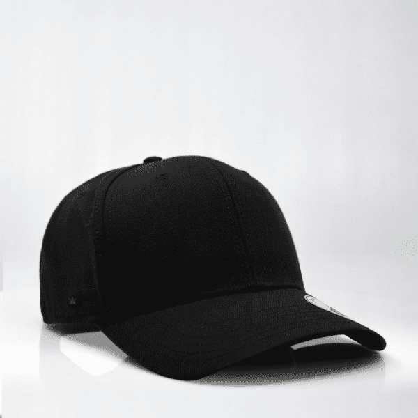 A black six-panel snapback cap with a curved brim and a logo on the side.