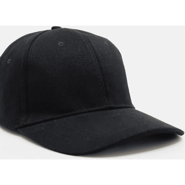 A black brushed cotton cap with a classic six-panel design and an adjustable strap at the back.