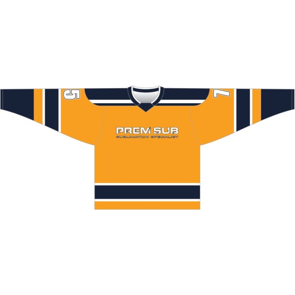 An orange ice hockey goalkeeper jersey with navy stripes and a logo on the front.