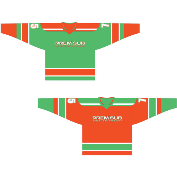 A reversible ice hockey jersey featuring green on one side with orange stripes and orange on the other side with green stripes.