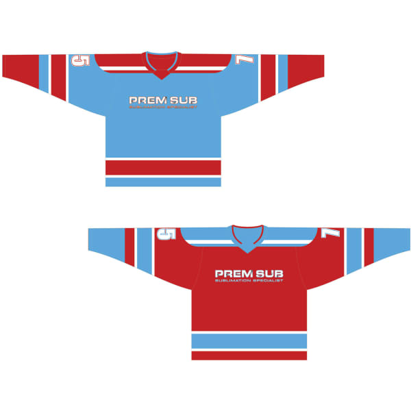 A reversible ice hockey jersey in blue and red, featuring long sleeves and a logo on both sides.
