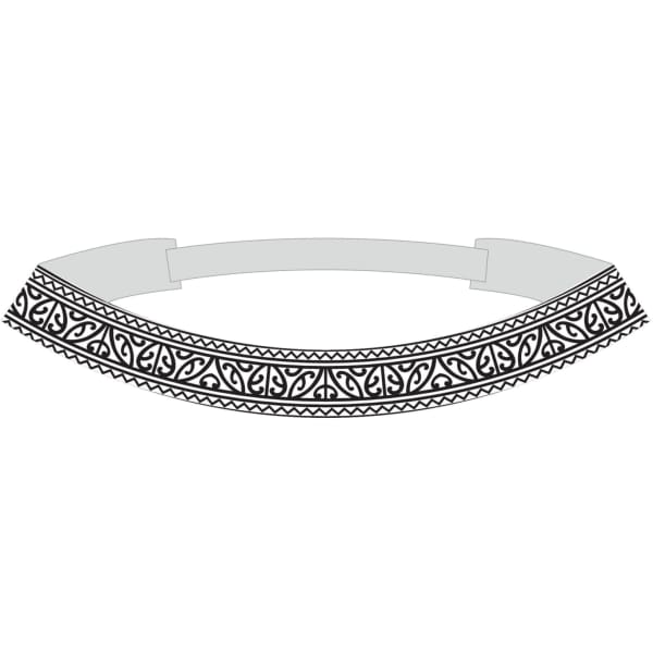 A decorative headband featuring intricate black and white patterns. It has a simple, flexible design.