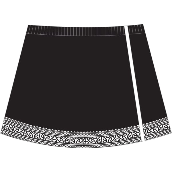 A black skirt featuring a decorative patterned hem and a side slit. The design includes a logo or branding element.