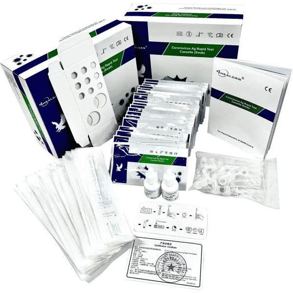 A collection of Healgen Covid-19 Rapid Antigen Test kits in white and green packaging, including test components and instructions.