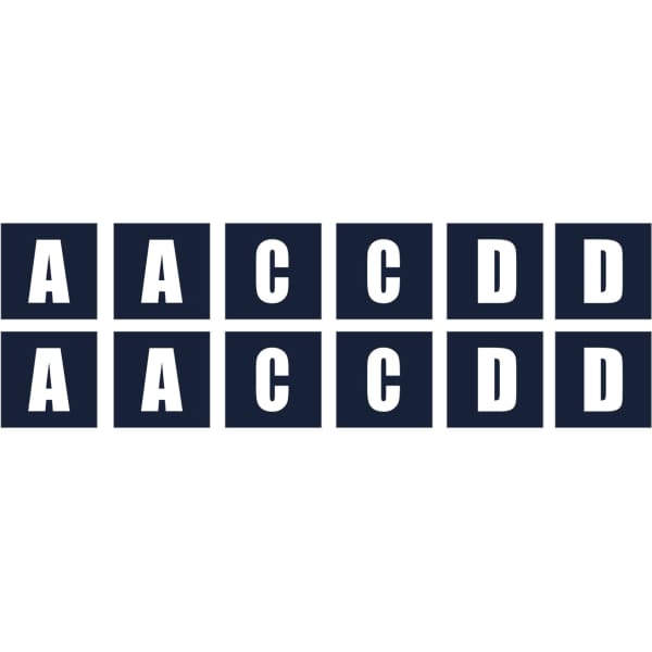 A set of navy netball bibs featuring the letters AA, CC, DD arranged in two rows.