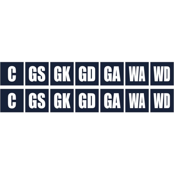 Nine navy netball bibs featuring different player positions, each in large white letters. Includes a logo.