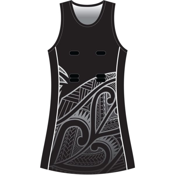 A black racerback netball dress featuring a patterned design in grey tones and includes logo branding.