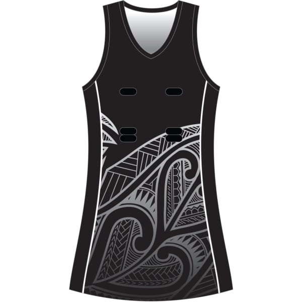 A sleeveless netball dress in black featuring a patterned design and a logo. Suitable for sports uniforms.