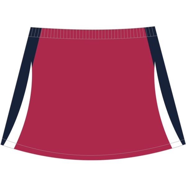 A maroon netball skirt with navy accents and an elastic waistband, featuring a logo.