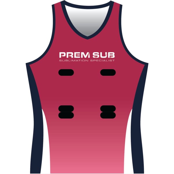 A netball singlet in a gradient of maroon and navy, featuring a logo and a sleeveless design.