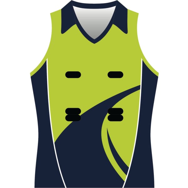 A sleeveless netball singlet in bright green and navy blue with a logo on the front.