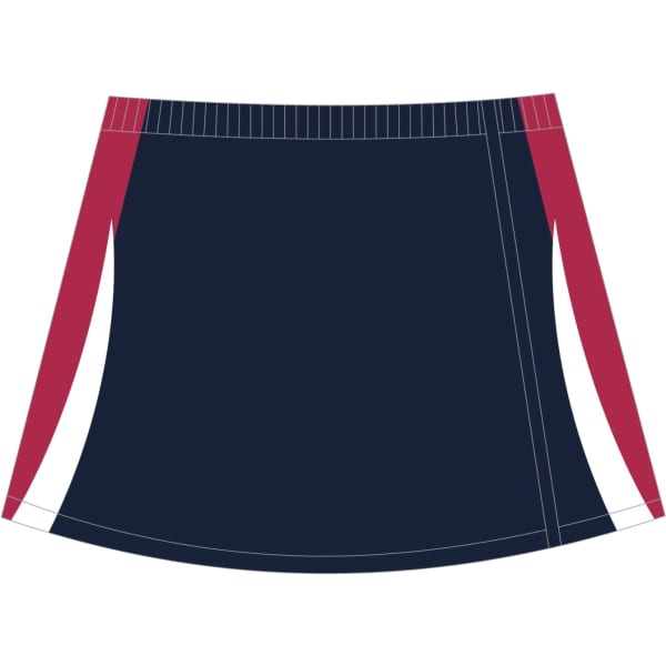 A navy netball skirt wrap featuring red side panels and a comfortable waistband. It includes a logo detail.