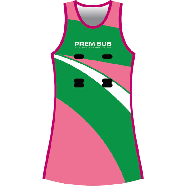 A netball dress in pink and green, featuring a sleeveless design and a logo on the front.