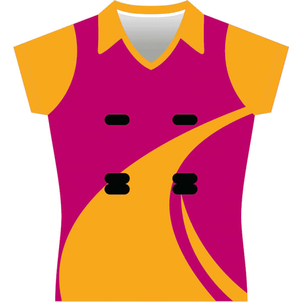 A short-sleeved netball jersey in pink and yellow with a stylish design and a logo.