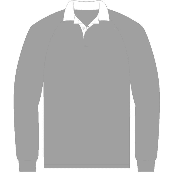 A grey traditional rugby jersey with long sleeves and a white collar, featuring a logo on the front.