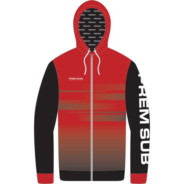 A full zip hoodie in red and black, featuring a logo and a patterned interior design.