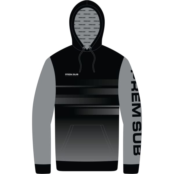 A pullover hoodie in black and grey, featuring a logo and a lined hood design.