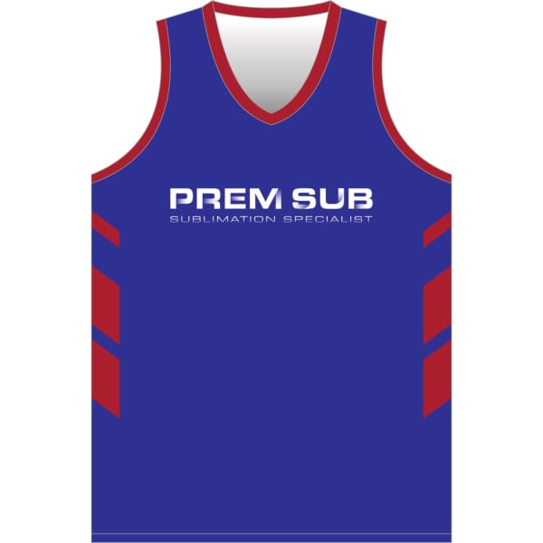 A sleeveless racerback singlet in blue with red accents and a logo on the front.