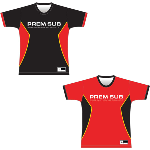 A reversible t-shirt set featuring black and red designs with yellow accents and a logo.