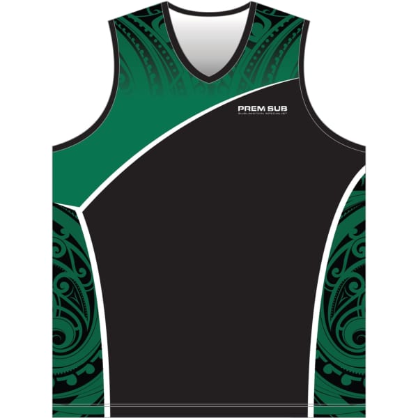 A sleeveless singlet in black and green with intricate designs and a logo on the front.