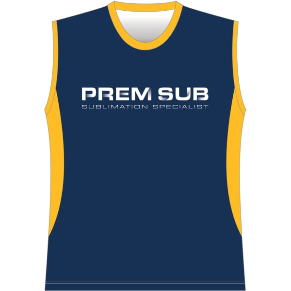 A sleeveless sports singlet in navy blue with yellow accents and a logo displayed on the front.