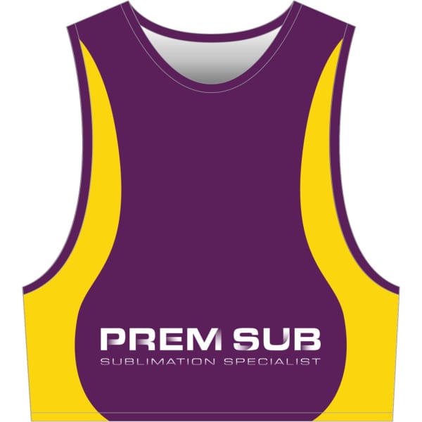 A purple and yellow crop top with a branded logo on the front. It features a sleeveless design.