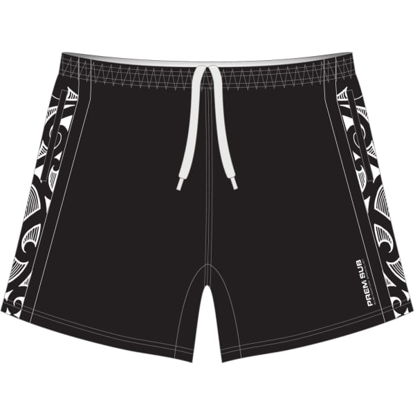 Black training shorts featuring a decorative side pattern, drawstring waist, and a logo.