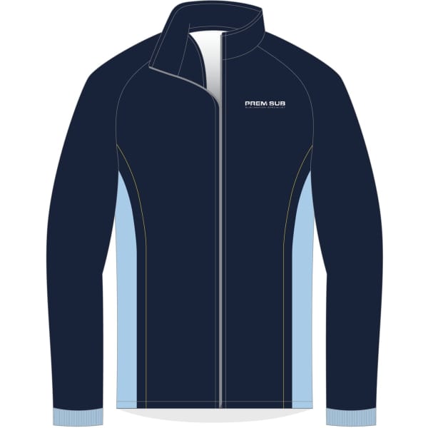 A navy and light blue track jacket with a zip front and a logo on the chest.