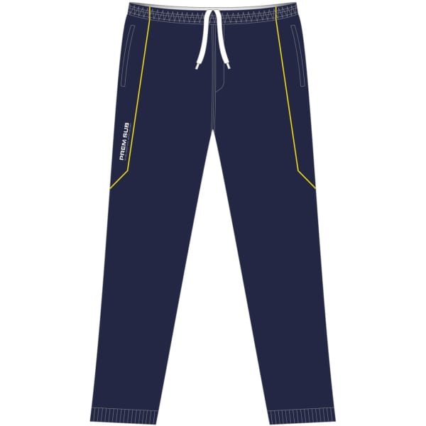 Navy track pants featuring yellow accents and a drawstring waistband. Includes a logo.