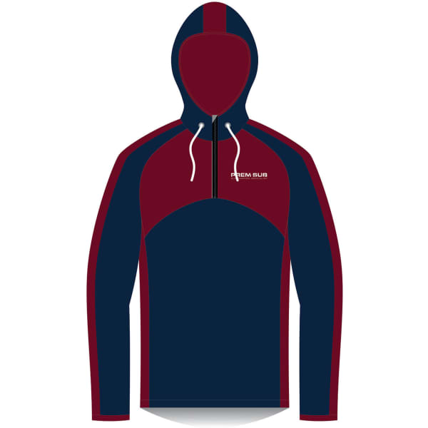 A navy and maroon hoodie with a quarter zip and a hood. It features athletic-style design elements and a logo.