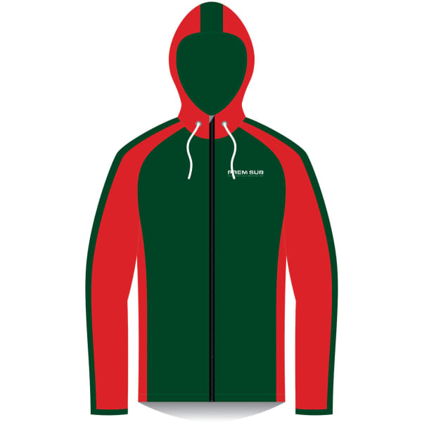 A green and red hoodie with a full zip, featuring a hood and a logo on the front.