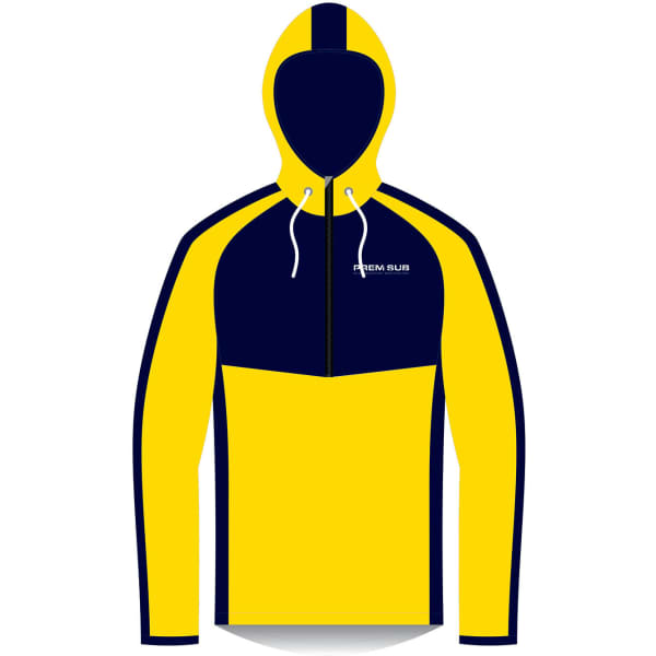 A hoodie in navy and yellow with a half zip and a hood, featuring a brand logo.
