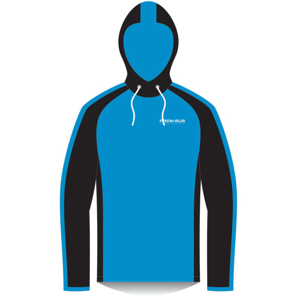 A pullover hoodie in bright blue with black accents and a logo, featuring a drawstring hood.