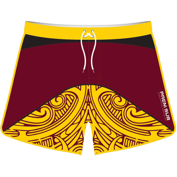 Off-Field Shorts Board in maroon and yellow, featuring a patterned design and a logo on the side.