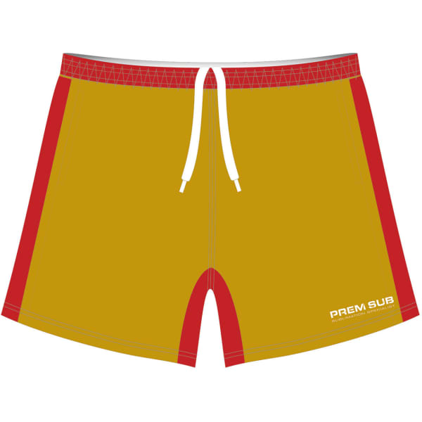 Off-Field Shorts Performance PE in yellow with red accents and a white drawstring, featuring a logo on the side.