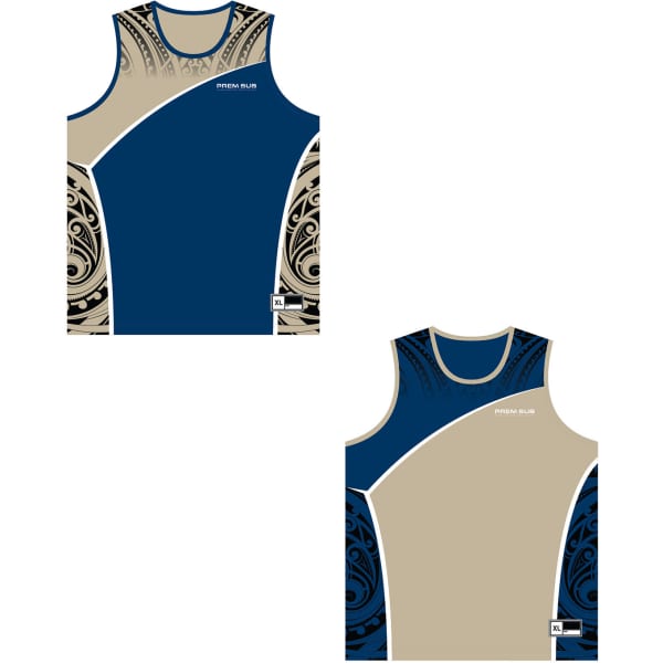 A reversible sports singlet featuring navy blue and beige designs with a decorative pattern and a logo.
