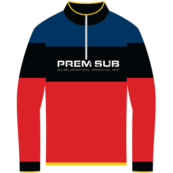 A quarter-zip warm-up top featuring navy, red, and black sections, with a logo on the front.