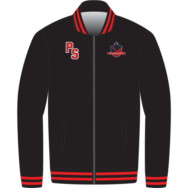 A black varsity jacket with red stripes on the collar and cuffs, featuring a logo and letter insignia on the front.