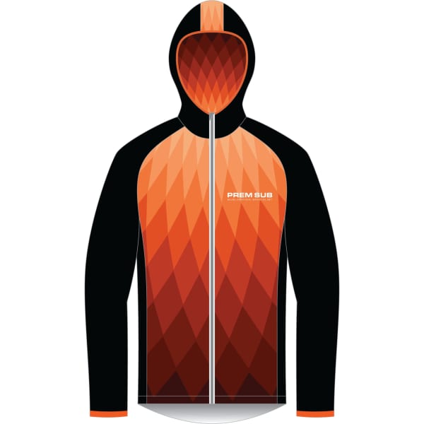 A rain jacket featuring an orange and black diamond pattern with a hood and a logo.
