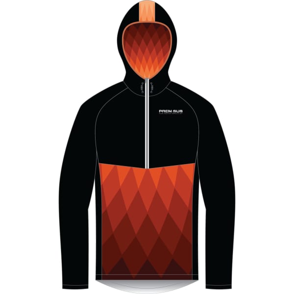 A black and orange half-zip rain jacket with a hood and a diamond pattern on the lower half. It features a logo.